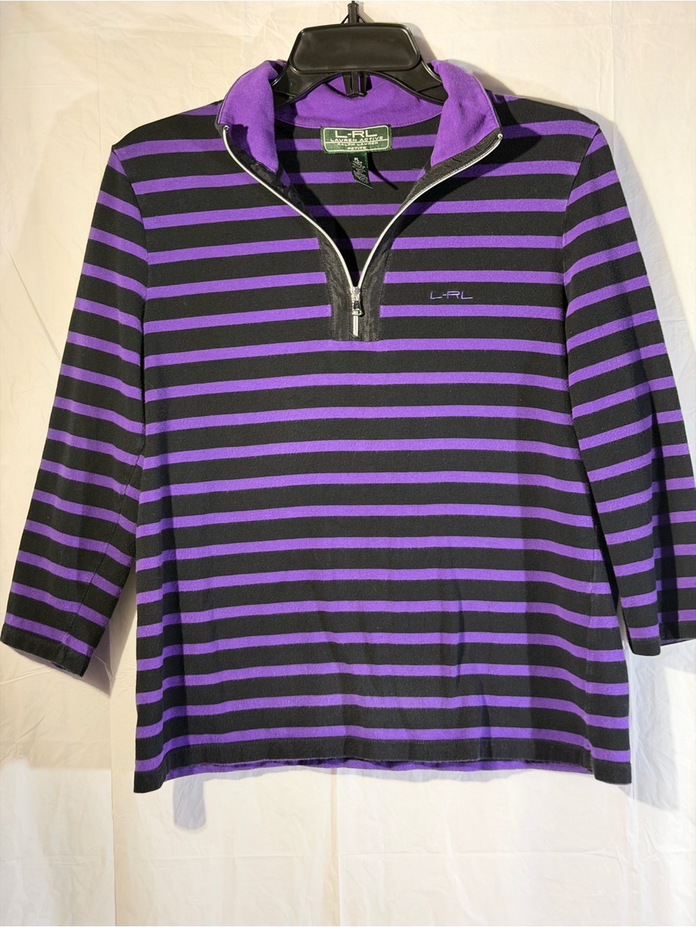 Vintage Ralph Lauren Kids' Black and Purple Striped Quarter-Zip Pullover